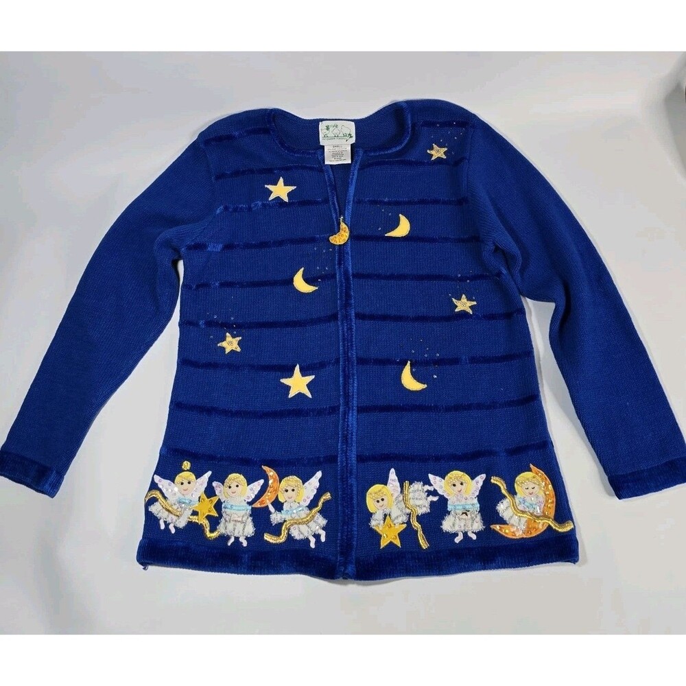 Quacker Factory Full Zip Celestial Angel Bright Blue Sweater Cardigan Size Small